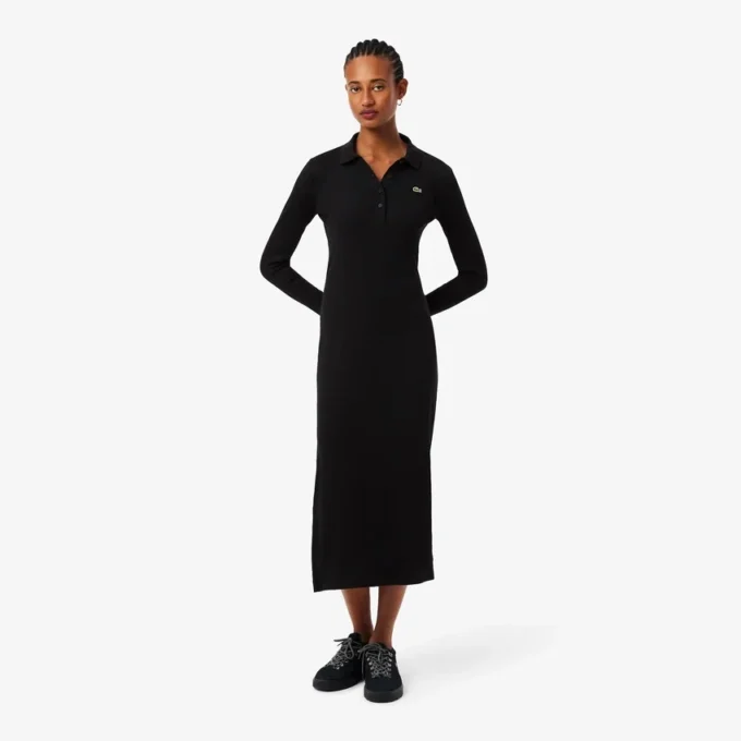 Abito da donna slim fit in cotone a costine con collo a polo Abito da donna slim fit in cotone a costine con collo a polo