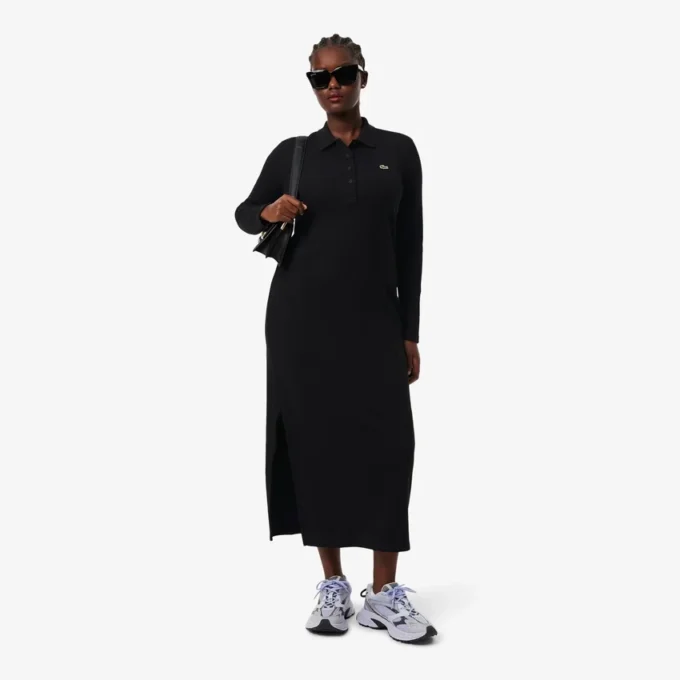 Abito da donna slim fit in cotone a costine con collo a polo Abito da donna slim fit in cotone a costine con collo a polo
