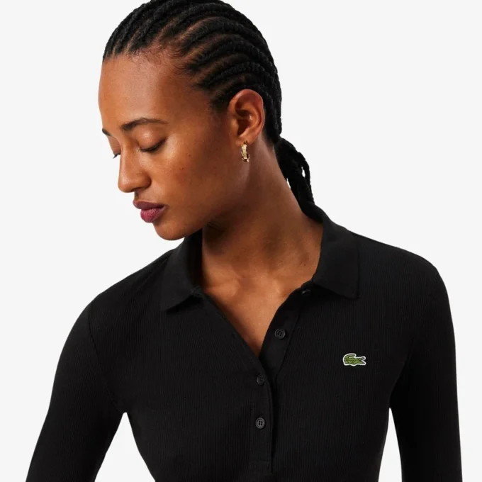 Abito da donna slim fit in cotone a costine con collo a polo Abito da donna slim fit in cotone a costine con collo a polo
