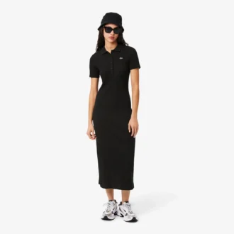 Abito polo lungo da donna in cotone a costine
