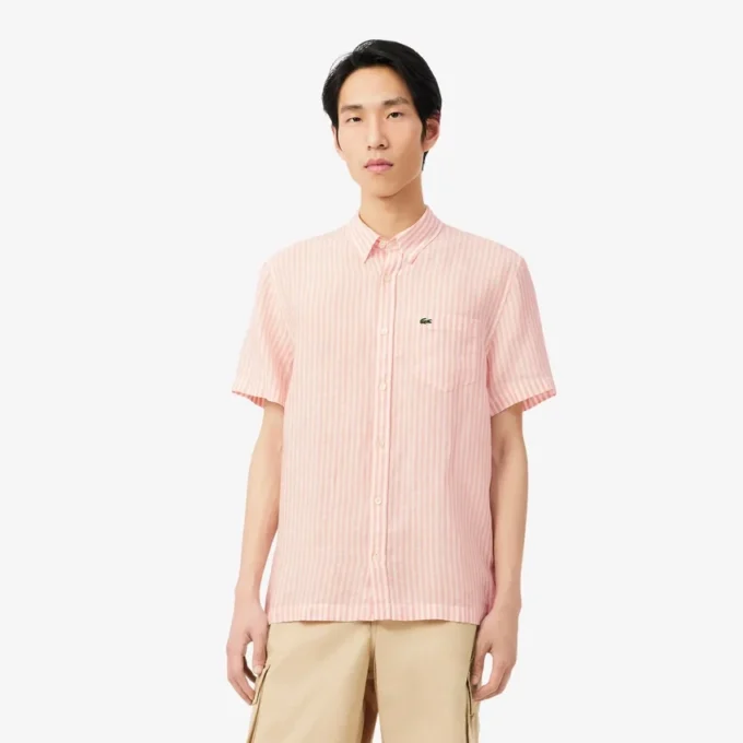 Camicia da uomo in lino a maniche corte, vestibilità regolare Camicia da uomo in lino a maniche corte, vestibilità regolare