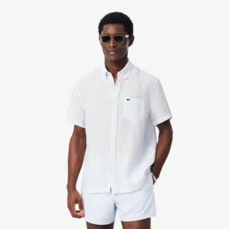 Camicia da uomo in lino a maniche corte, vestibilità regolare