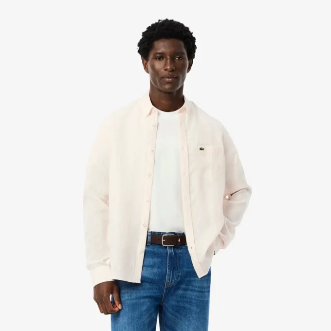 Camicia da uomo in lino a righe dal taglio regolare Camicia da uomo in lino a righe dal taglio regolare
