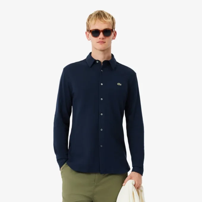 Camicia da uomo in piqué di cotone dalla vestibilità slim Camicia da uomo in piqué di cotone dalla vestibilità slim
