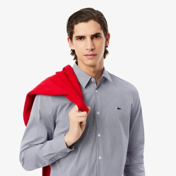 Camicia da uomo slim fit a righe in cotone elasticizzato con bottoni Camicia da uomo slim fit a righe in cotone elasticizzato con bottoni