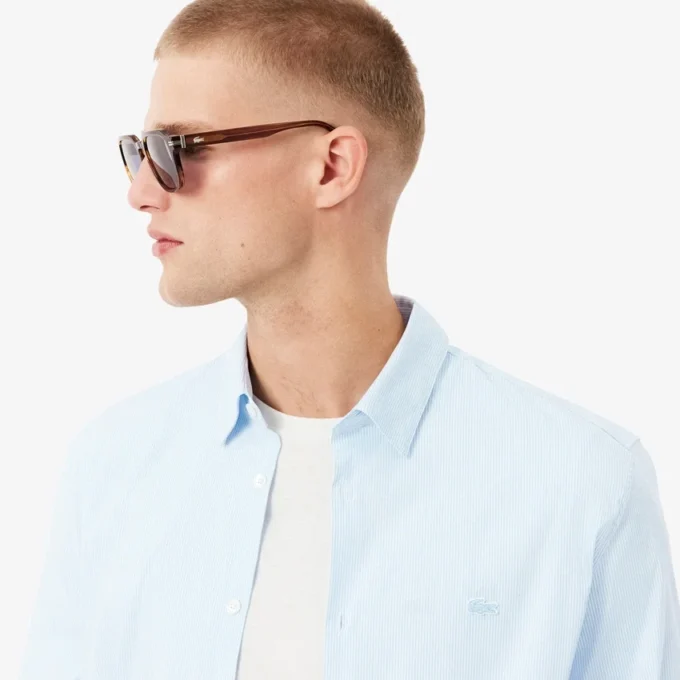 Camicia da uomo slim fit a righe in cotone elasticizzato con bottoni Camicia da uomo slim fit a righe in cotone elasticizzato con bottoni