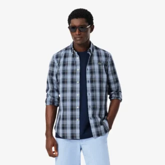 Camicia in popeline elasticizzato con stampa a quadretti, vestibilità slim