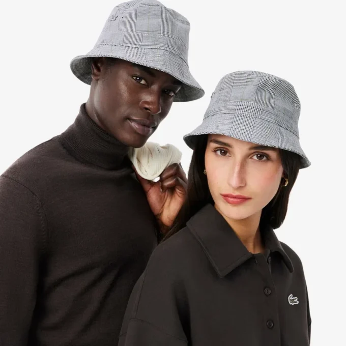 Cappello a secchiello unisex in cotone a quadri double face