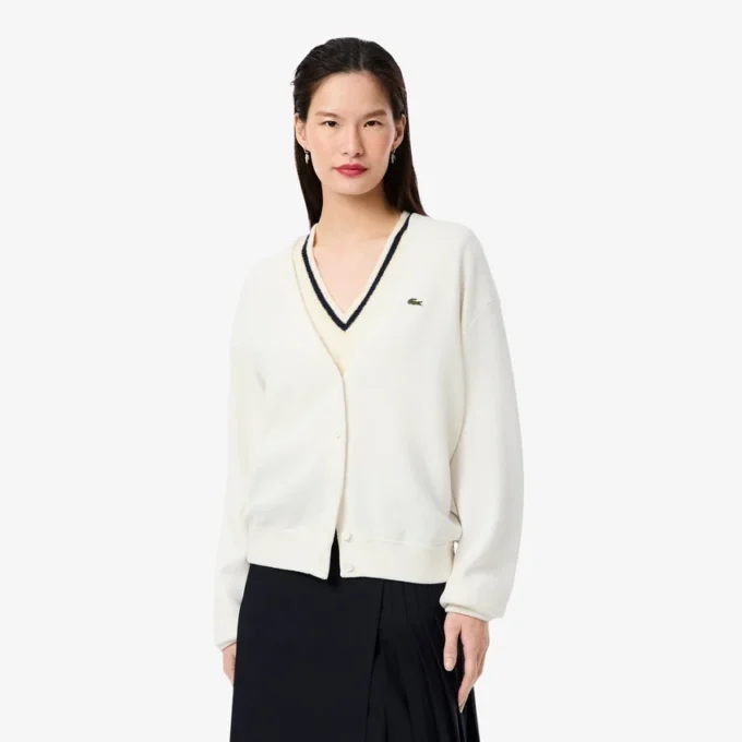 Cardigan da donna in cotone con punto muschio e scollo a V Cardigan da donna in cotone con punto muschio e scollo a V