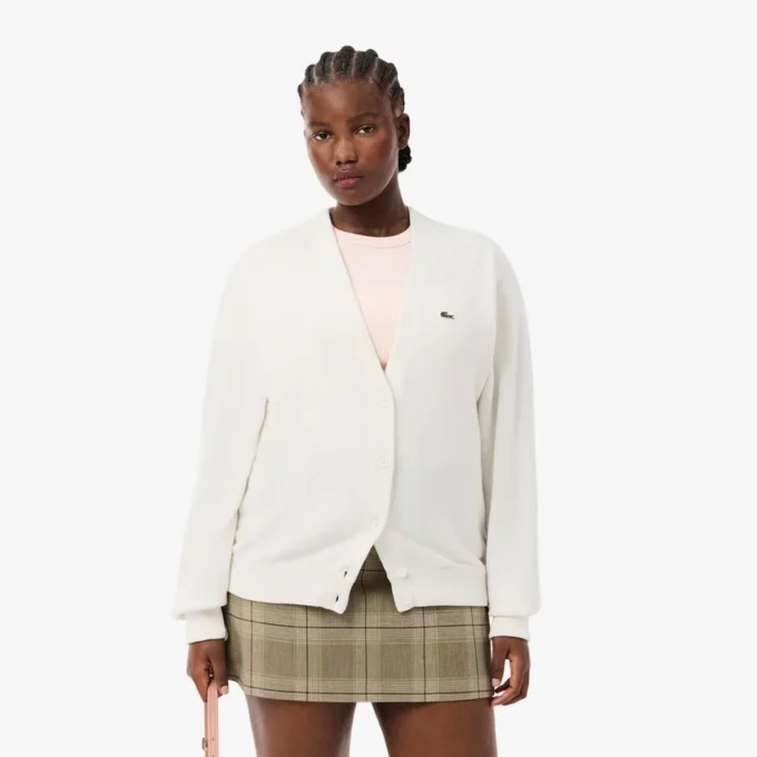 Cardigan da donna in cotone con punto muschio e scollo a V Cardigan da donna in cotone con punto muschio e scollo a V