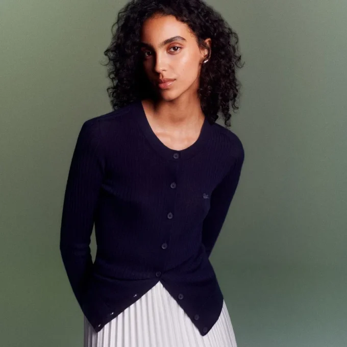 Cardigan da donna in maglia a coste di lana merino Cardigan da donna in maglia a coste di lana merino