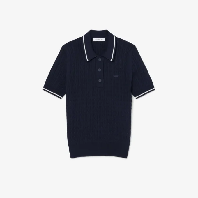 Maglione a righe con collo a polo e lavorazione a trecce Maglione a righe con collo a polo e lavorazione a trecce
