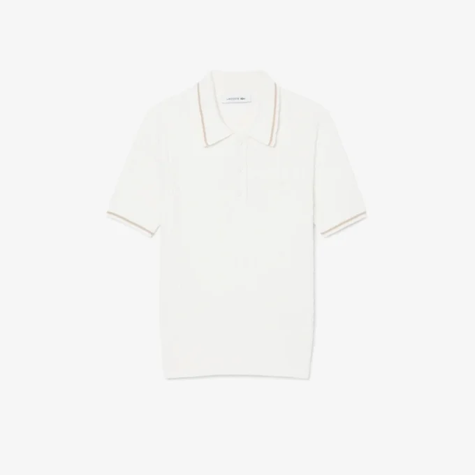 Maglione a righe con collo a polo e lavorazione a trecce Maglione a righe con collo a polo e lavorazione a trecce