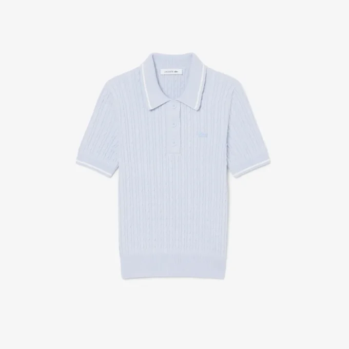 Maglione a righe con collo a polo e lavorazione a trecce Maglione a righe con collo a polo e lavorazione a trecce