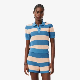 Maglione a righe con collo a polo in maglia a rete