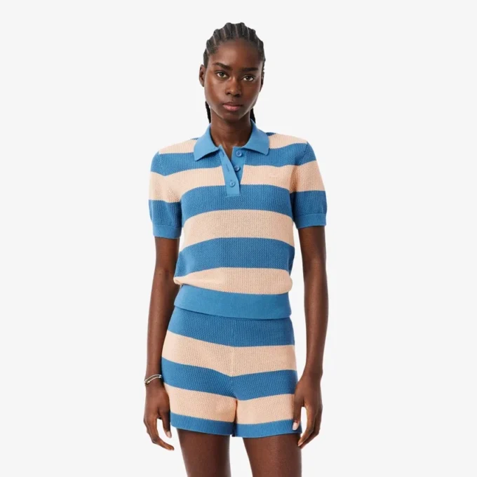 Maglione a righe con collo a polo in maglia a rete Maglione a righe con collo a polo in maglia a rete