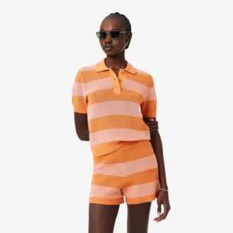 Maglione a righe con collo a polo in maglia a rete