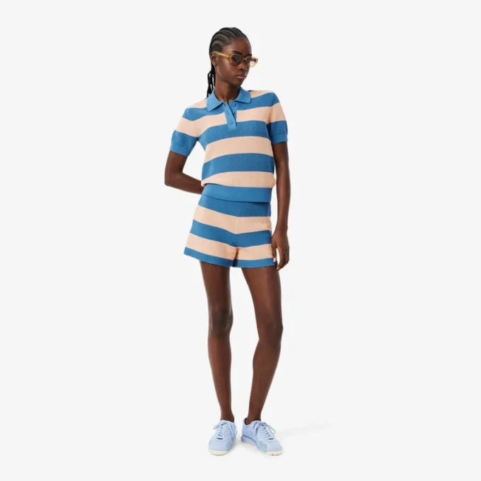 Maglione a righe con collo a polo in maglia a rete Maglione a righe con collo a polo in maglia a rete