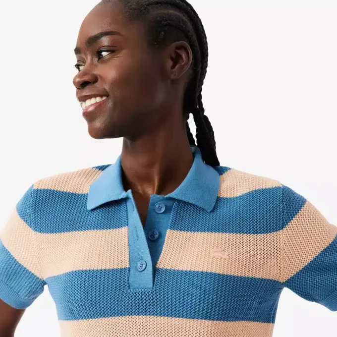 Maglione a righe con collo a polo in maglia a rete Maglione a righe con collo a polo in maglia a rete