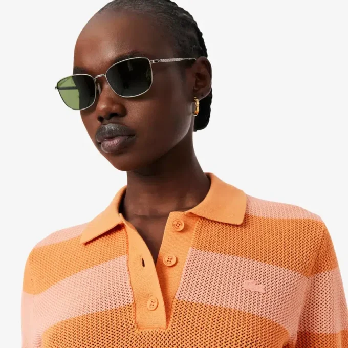 Maglione a righe con collo a polo in maglia a rete Maglione a righe con collo a polo in maglia a rete