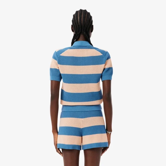 Maglione a righe con collo a polo in maglia a rete Maglione a righe con collo a polo in maglia a rete