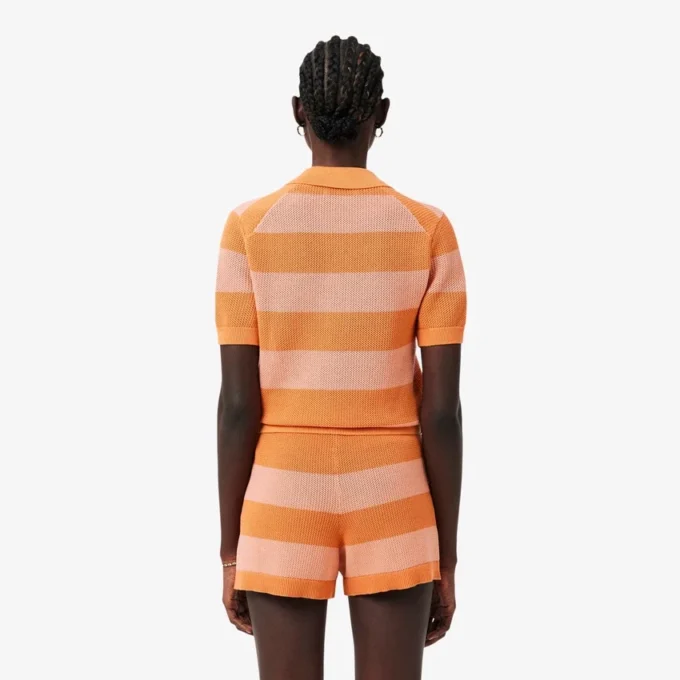 Maglione a righe con collo a polo in maglia a rete Maglione a righe con collo a polo in maglia a rete
