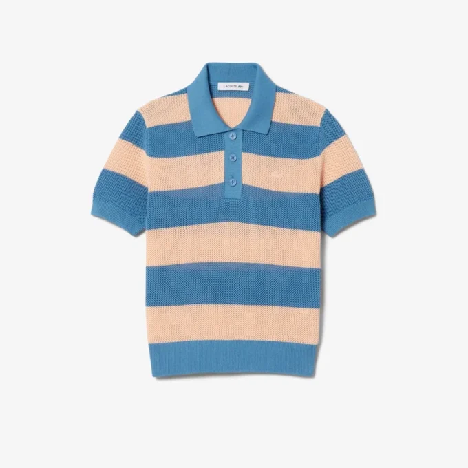 Maglione a righe con collo a polo in maglia a rete Maglione a righe con collo a polo in maglia a rete