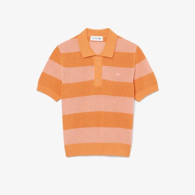 Maglione a righe con collo a polo in maglia a rete Maglione a righe con collo a polo in maglia a rete