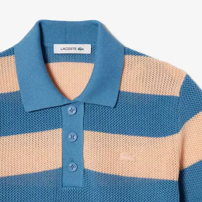 Maglione a righe con collo a polo in maglia a rete Maglione a righe con collo a polo in maglia a rete