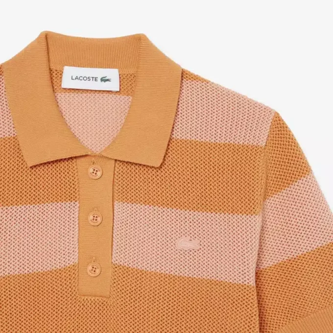 Maglione a righe con collo a polo in maglia a rete Maglione a righe con collo a polo in maglia a rete