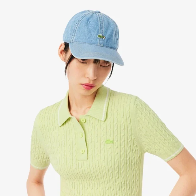 Maglione a righe con collo a polo in maglia a trecce Maglione a righe con collo a polo in maglia a trecce