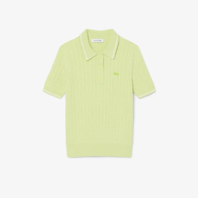 Maglione a righe con collo a polo in maglia a trecce Maglione a righe con collo a polo in maglia a trecce