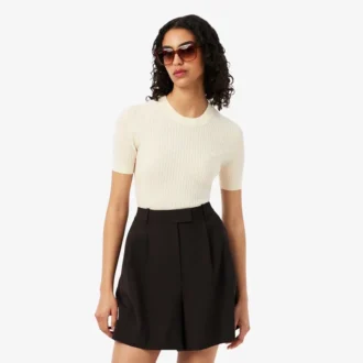 Maglione da donna a maniche corte in maglia a coste di lana merino