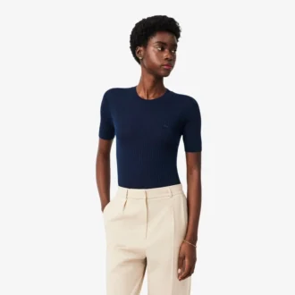 Maglione da donna a maniche corte in maglia a coste di lana merino Maglione da donna a maniche corte in maglia a coste di lana merino