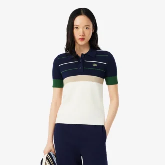 Maglione da donna con collo a polo a righe, prodotto in Francia