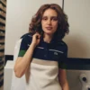 Maglione da donna con collo a polo a righe, prodotto in Francia Maglione da donna con collo a polo a righe, prodotto in Francia