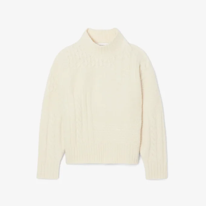 Maglione da donna in lana a collo alto con effetto patchwork Maglione da donna in lana a collo alto con effetto patchwork