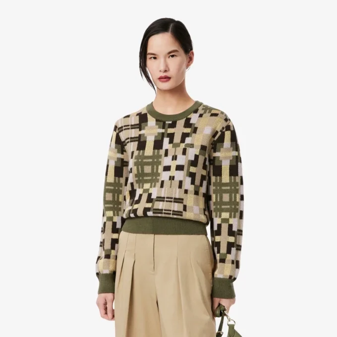 Maglione da donna in lana con collo rotondo e stampa grafica Maglione da donna in lana con collo rotondo e stampa grafica