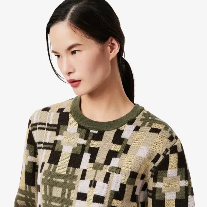 Maglione da donna in lana con collo rotondo e stampa grafica Maglione da donna in lana con collo rotondo e stampa grafica