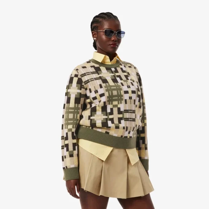 Maglione da donna in lana con collo rotondo e stampa grafica Maglione da donna in lana con collo rotondo e stampa grafica