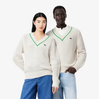 Maglione da tennis unisex a righe con scollo a V