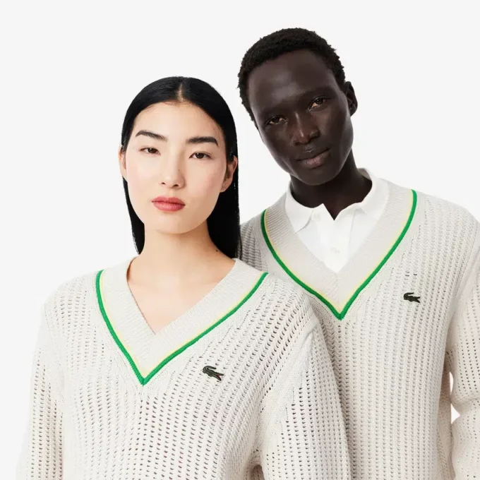 Maglione da tennis unisex a righe con scollo a V Maglione da tennis unisex a righe con scollo a V