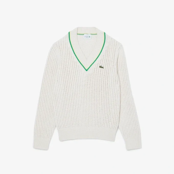 Maglione da tennis unisex a righe con scollo a V Maglione da tennis unisex a righe con scollo a V