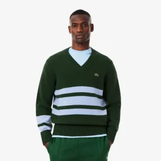 Maglione da uomo in lana a righe con scollo a V Maglione da uomo in lana a righe con scollo a V