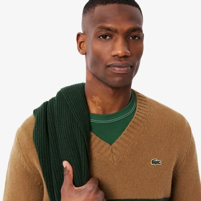Maglione da uomo in lana a righe con scollo a V Maglione da uomo in lana a righe con scollo a V
