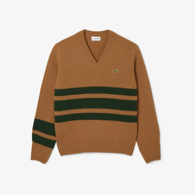 Maglione da uomo in lana a righe con scollo a V Maglione da uomo in lana a righe con scollo a V