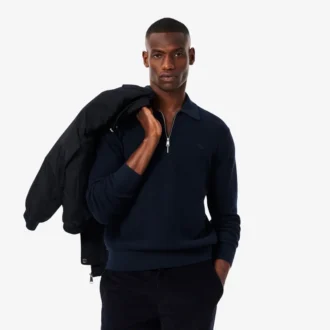 Maglione da uomo in misto cotone e lana con collo a polo e mezza zip