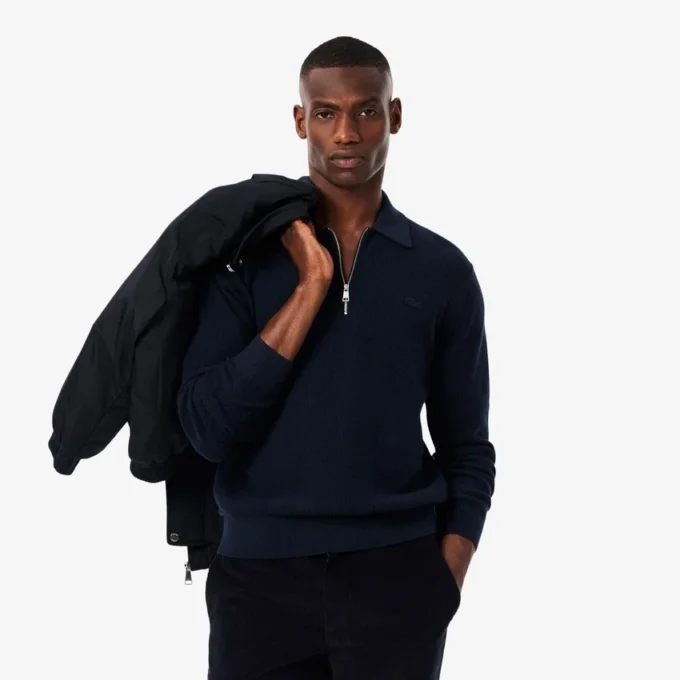 Maglione da uomo in misto cotone e lana con collo a polo e mezza zip Maglione da uomo in misto cotone e lana con collo a polo e mezza zip