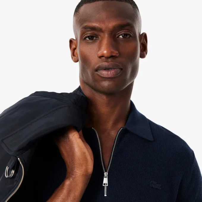 Maglione da uomo in misto cotone e lana con collo a polo e mezza zip Maglione da uomo in misto cotone e lana con collo a polo e mezza zip