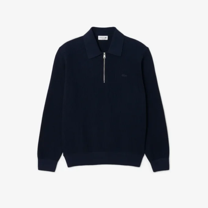 Maglione da uomo in misto cotone e lana con collo a polo e mezza zip Maglione da uomo in misto cotone e lana con collo a polo e mezza zip